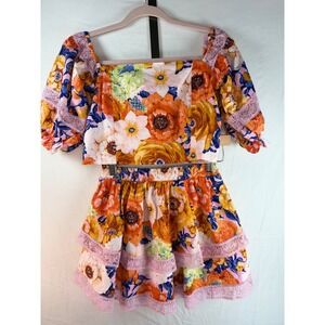 Buddy Love Girls Floral 2 Piece Set Orange Pink Lace Tiered Skirt Crop Top Sz 14
